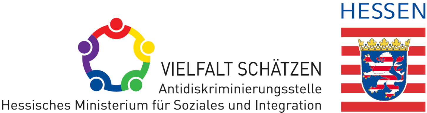 Logo des Landes Hessen zusammen mit dem Logo "Vielfalt schätzen - Antidiskriminierungsstelle Hessisches Ministerium für Soziales und Integration"