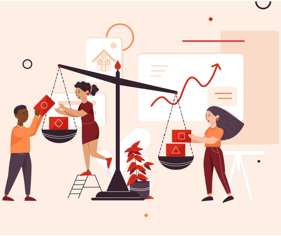 Titelbild "Respektvolles Verhalten am Arbeitsplatz" mit einem Mann und zwei Frauen, die eine Waage ausbalancieren